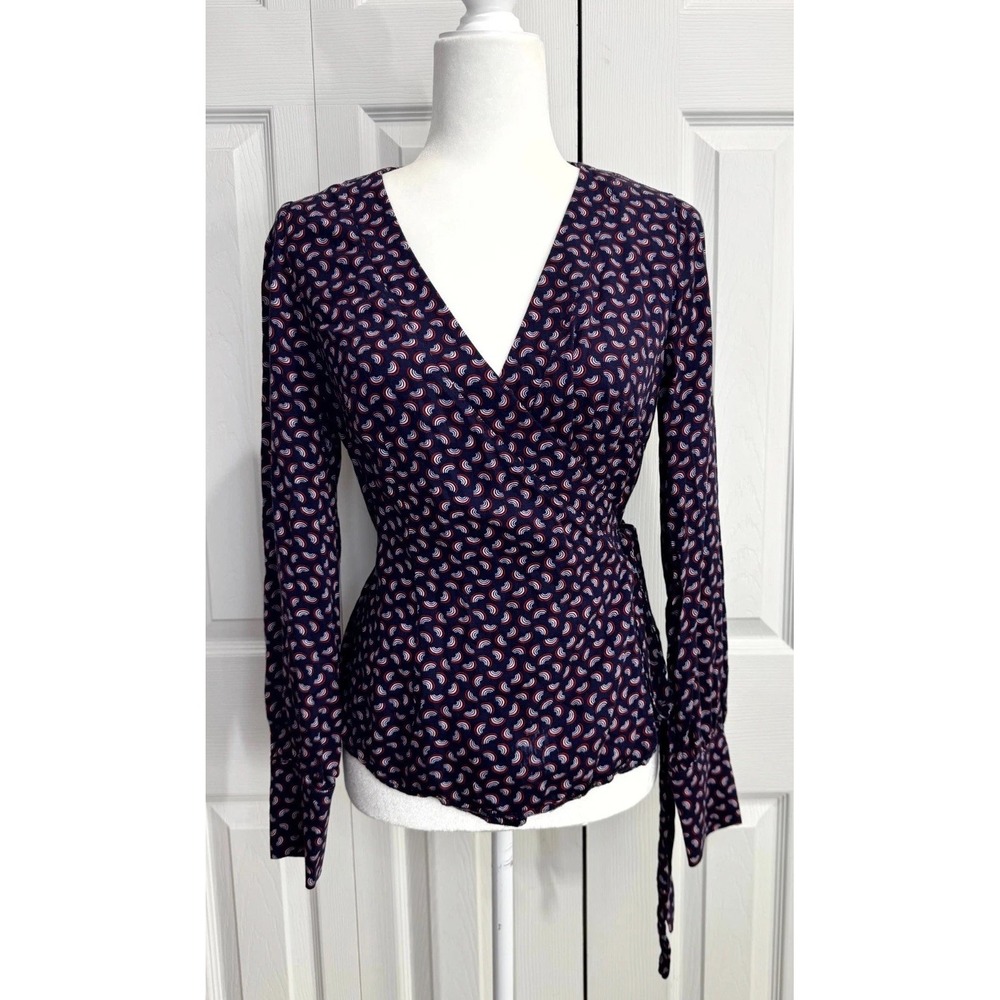 Boden Belle Wrap Top Women's 4R Navy Blue Rainbow Print Long Sleeve 100% Viscose